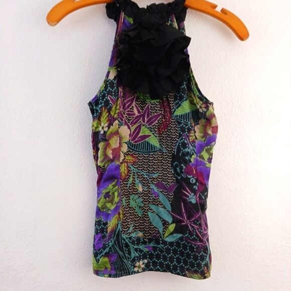 Jaloux halther neck bow infront printed silk  blouse size XS - Picture 1 of 8